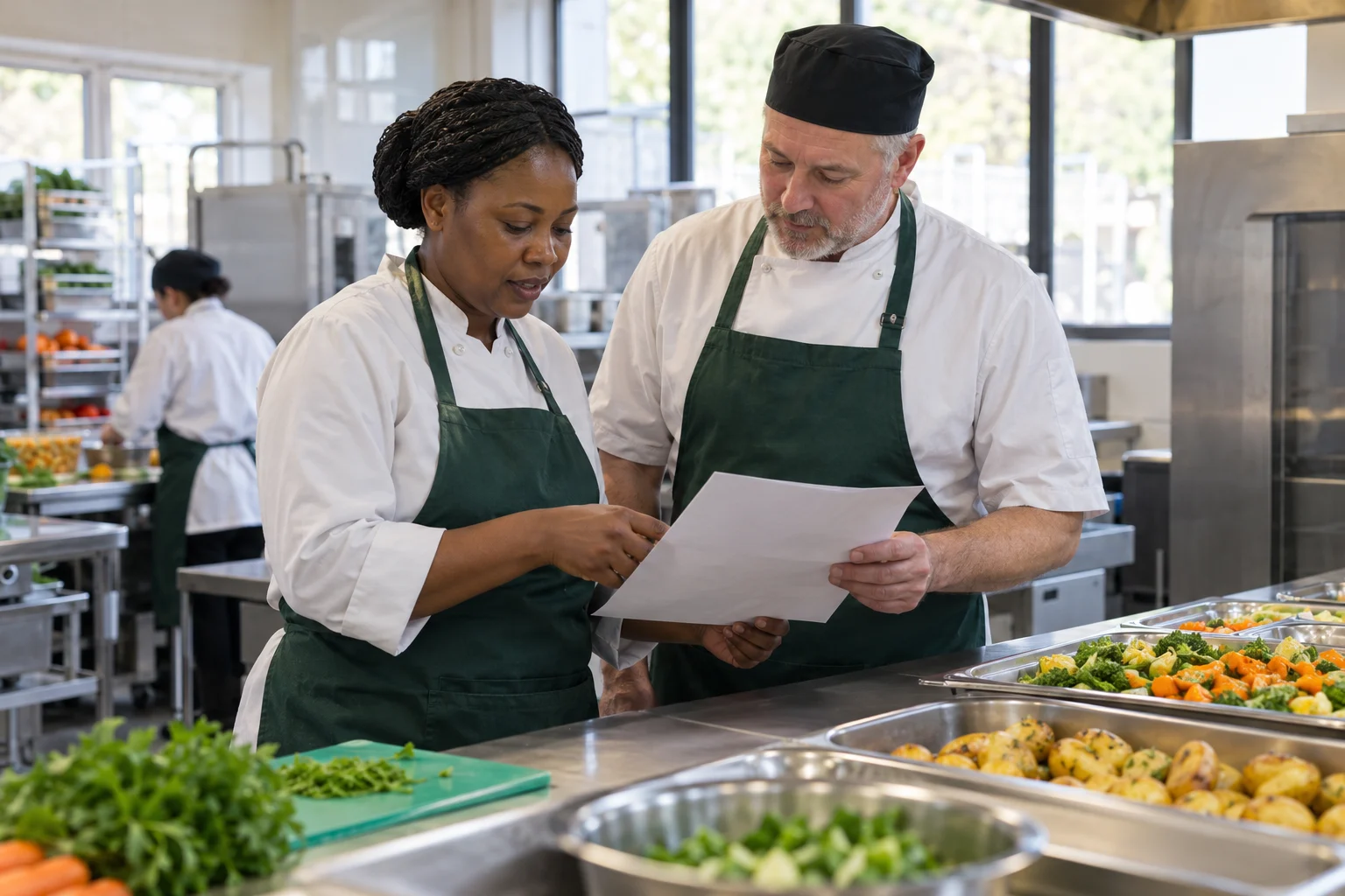 Illustrative catering colleagues reviewing a production sheet.